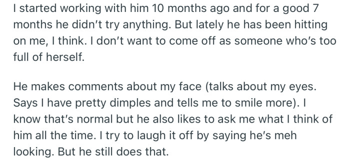 OP’s coworker has been hitting on her for a while now