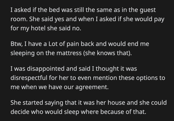 OP asked her daughter if she would pay for OP's hotel room if she couldn't accommodate her in the house