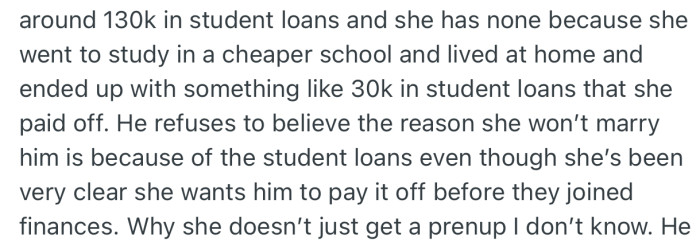 OP’s friend’s girlfriend has been clear that he must pay off his student loan. Interestingly, this discussion has delayed they marriage plans, and OP’s friend is confused
