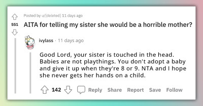 Redditor Tells Her Sister That She Would Be A Terrible Mother If She Goes Through With Her Plans Of Adopting And Dumping A Child