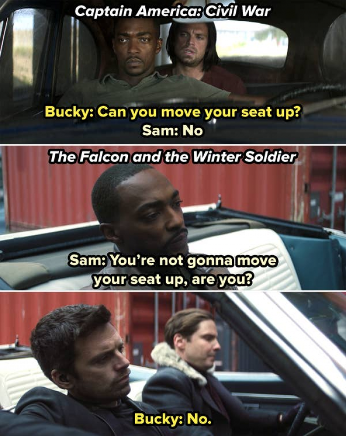 26. After Sam refused to move his seat up for Bucky in 'Captain America: Civil War', Bucky refused to move his seat for Sam in 'The Falcon and the Winter Soldier'