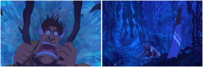 3. Clayton and Tarzan’s struggle ended with Clayton falling and being hanged by the vines
