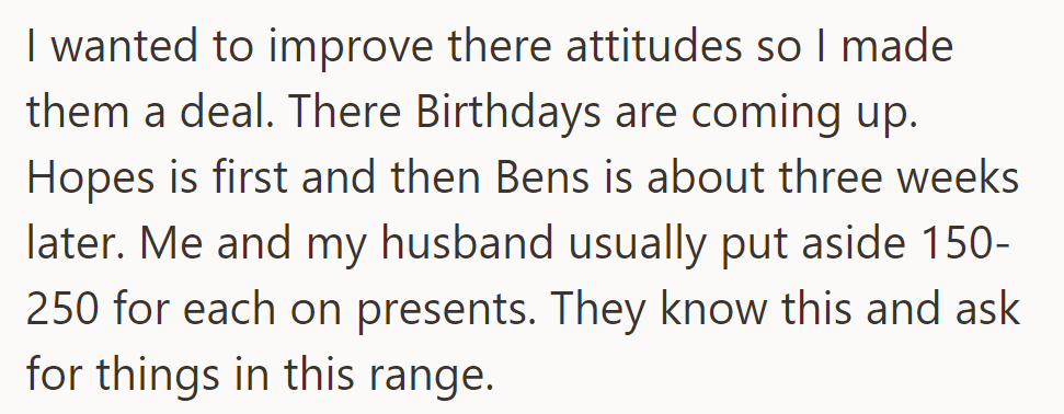 OP suggests a deal for kids' birthdays, usually budgeting $150-250 for gifts.