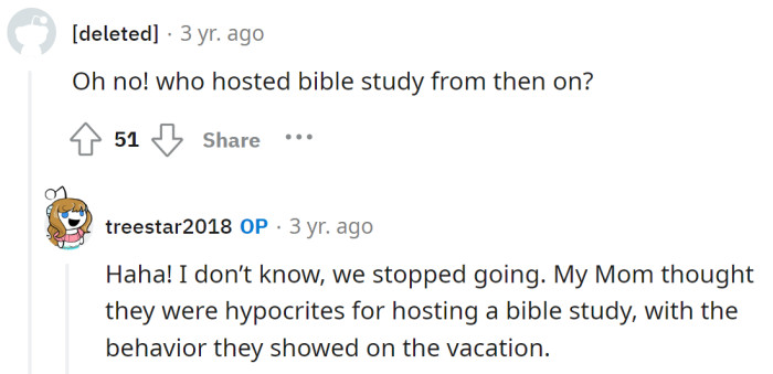 The OP's mother thought they were hypocrites