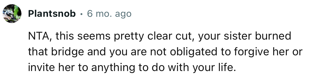 “This seems pretty clear-cut; your sister burned that bridge, and you are not obligated to forgive her.”