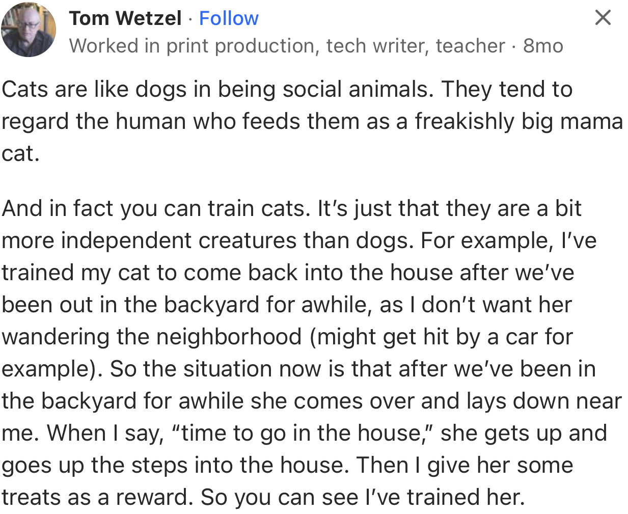 “You can train cats. It’s just that they are a bit more independent creatures than dogs.”