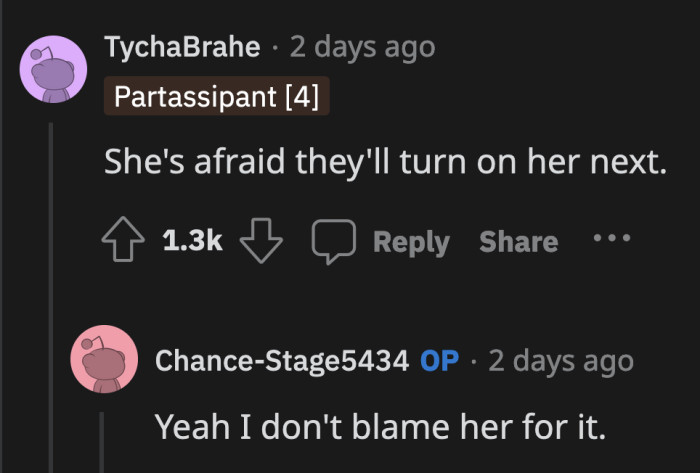 OP doesn't blame her for doing so based on their parents' track record