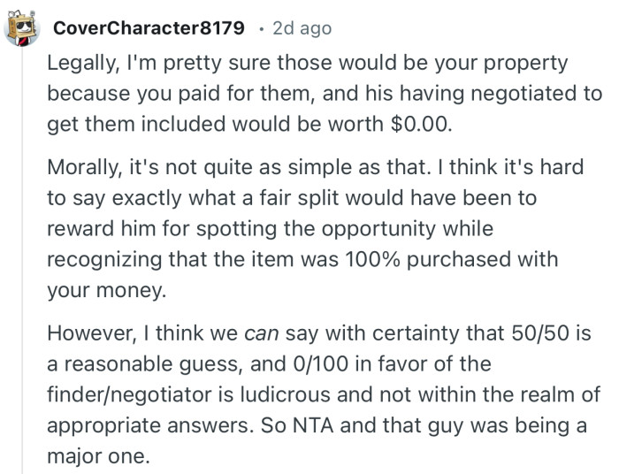 “I think we can say with certainty that 50/50 is a reasonable guess, and 0/100 in favor of the finder/negotiator is ludicrous…”