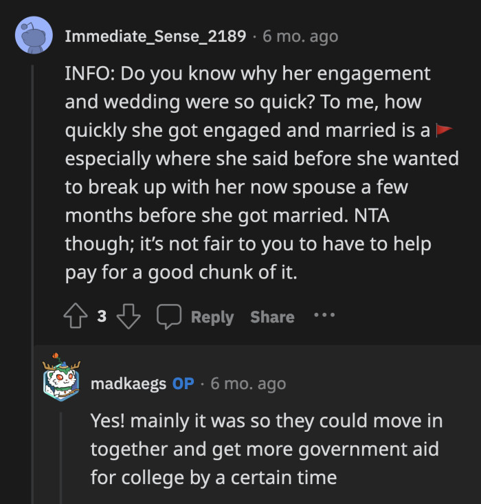 It seems the bride and groom had a shotgun wedding for practical purposes.