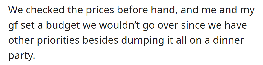 They set a budget for the dinner party, checking prices beforehand, mindful of other priorities.