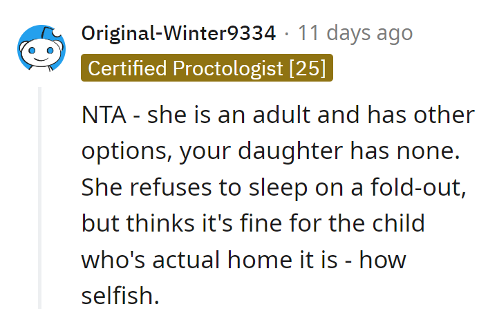 Dana's choices versus the daughter's none. She rejects the fold-out but expects compliance.