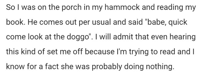 Things finally came to a head recently when OP was relaxing and reading a book on the porch when her husband yet again invited her to come look at the dog