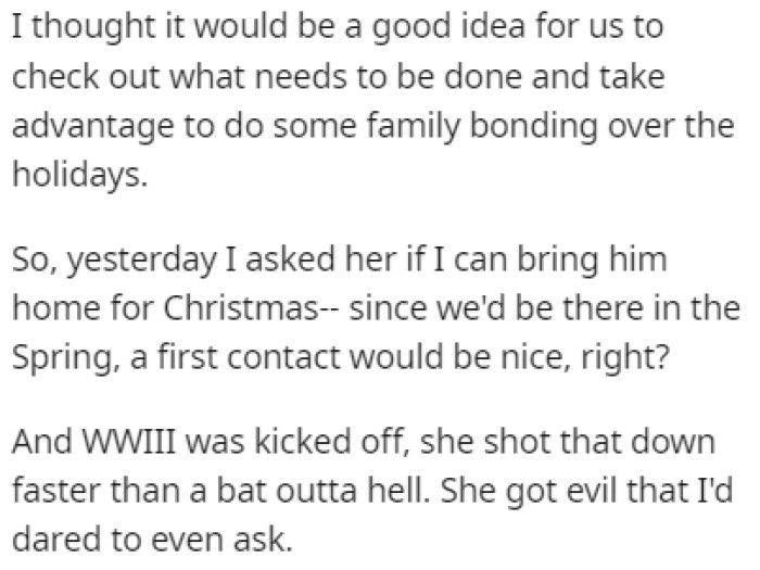 OP asked her mom to bring her fiancé when she visits for Christmas, but the mom didn't approve