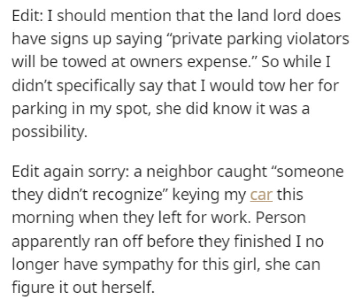 After someone keyed OP's car, she didn't care about the neighbor anymore