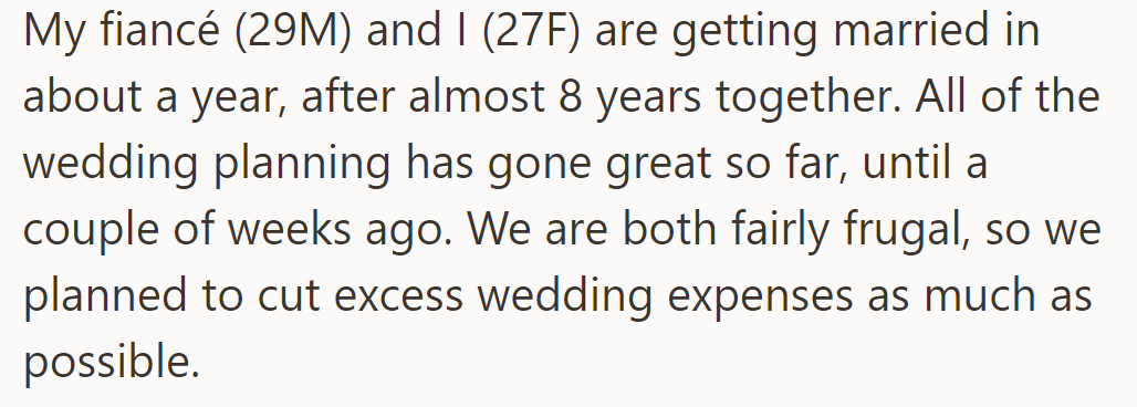 Engaged for almost eight years, OP and their partner planned a budget-friendly wedding until recently.