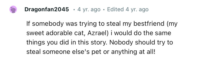“Nobody should try to steal someone else's pet or anything at all!”