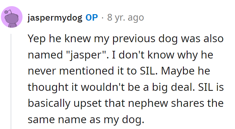 Brother missed the memo! Now SIL's howling over a name game between nephew and pup.