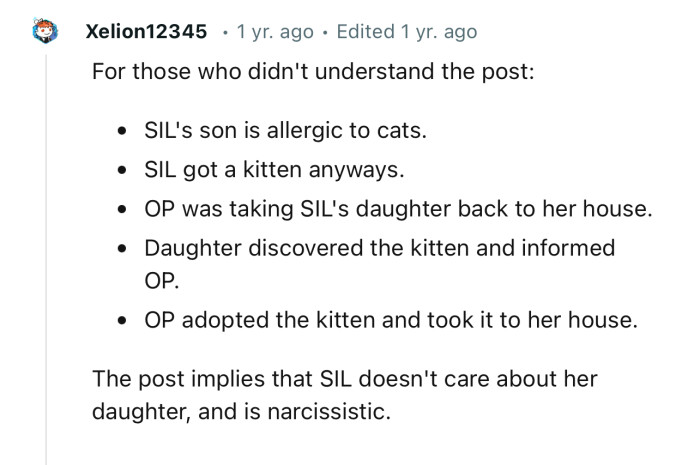 For those who still don’t get it, “The post implies that SIL doesn't care about her daughter and is narcissistic.”