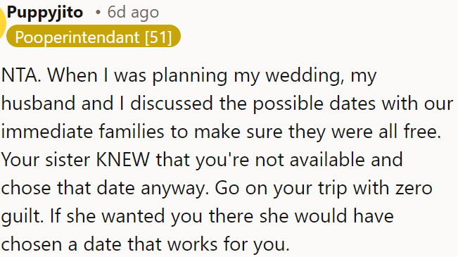 OP is not at fault; her sister picked a date, knowing she was unavailable.