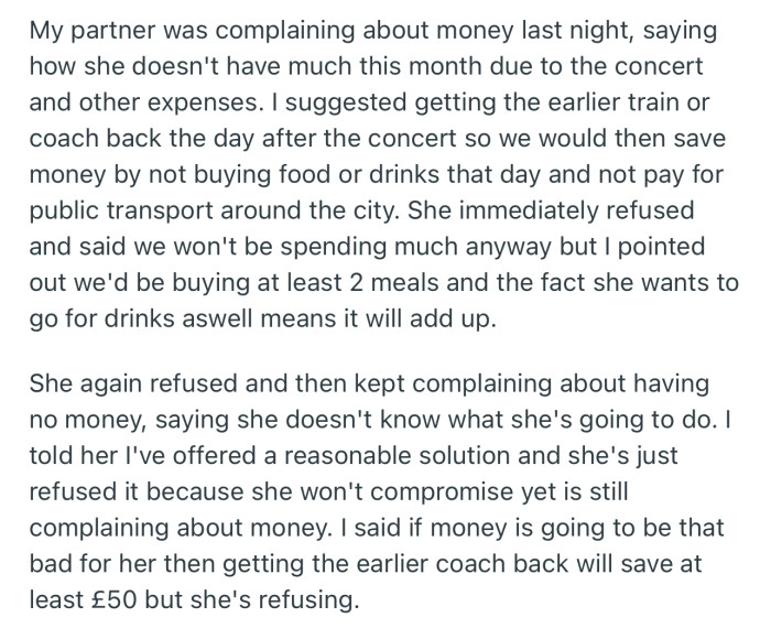 OP’s Partner Complained About Being Broke Due to the Concert, but All Their Efforts to Offer a Solution Were Turned Down