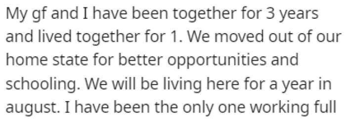 OP and his girlfriend have been together for three years and living together for one year
