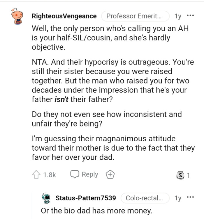 The hypocrisy depicted by OP's siblings is just so outrageous