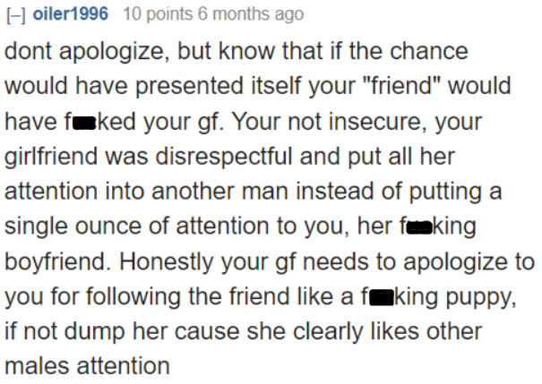 A Redditor feels that his girlfriend crossed a line; her focus should have been on the OP, not another guy.