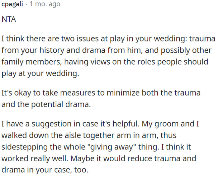 Two key issues in OP's wedding: past trauma and potential family drama over roles. It's fine to take steps to ease both.