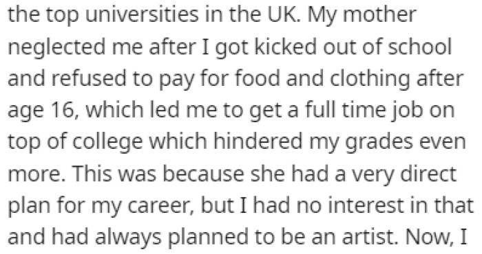 After OP got kicked out of school, her mother started neglecting her
