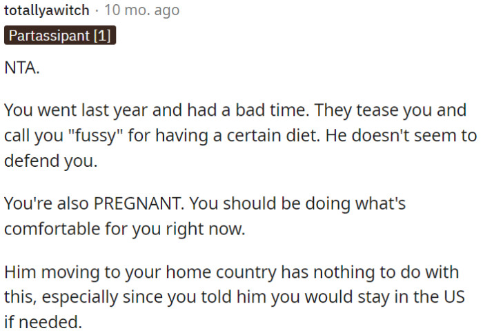 OP is now pregnant and should prioritize her comfort.