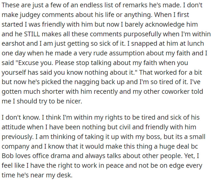 OP is considering talking to her boss, even though she is worried it might cause office drama.