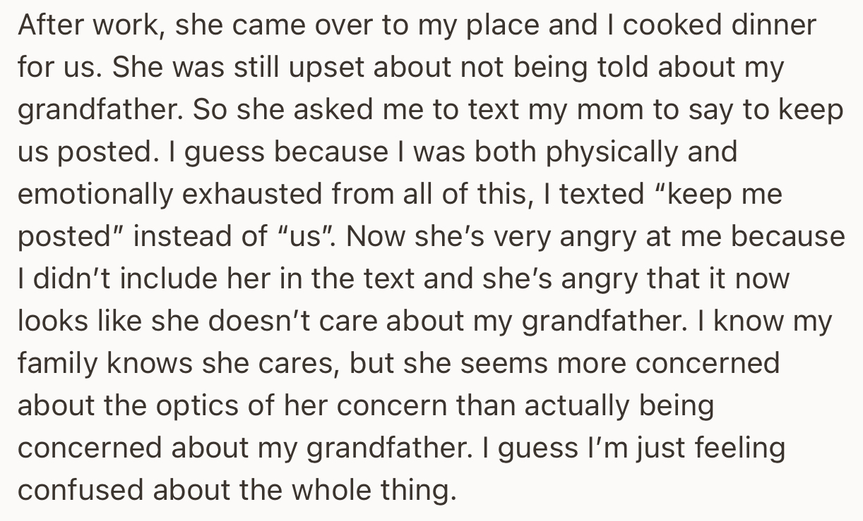 Later that evening, OP’s girlfriend started another fight again for not including her when telling his mom to keep him posted about grandpa