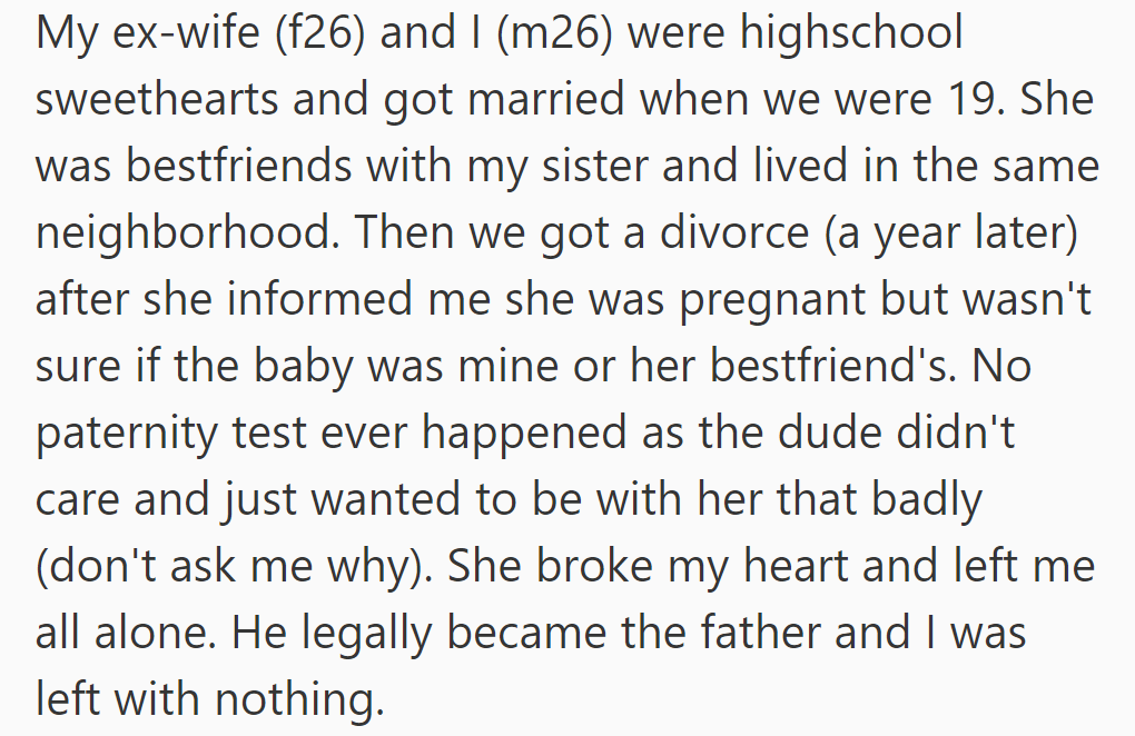 High school sweethearts divorced over paternity doubt; ex-wife's other man claimed legal fatherhood.