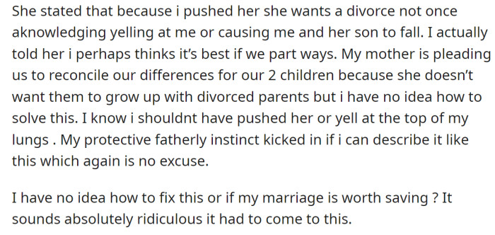 Following the incident, the wife told him she was considering divorce: