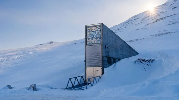 Svalbard Global Seed Vault exterior, protecting biodiversity in Arctic cold.