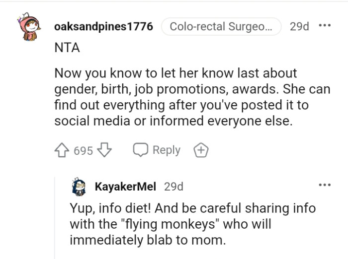 She can find out everything after the OP has posted about it
