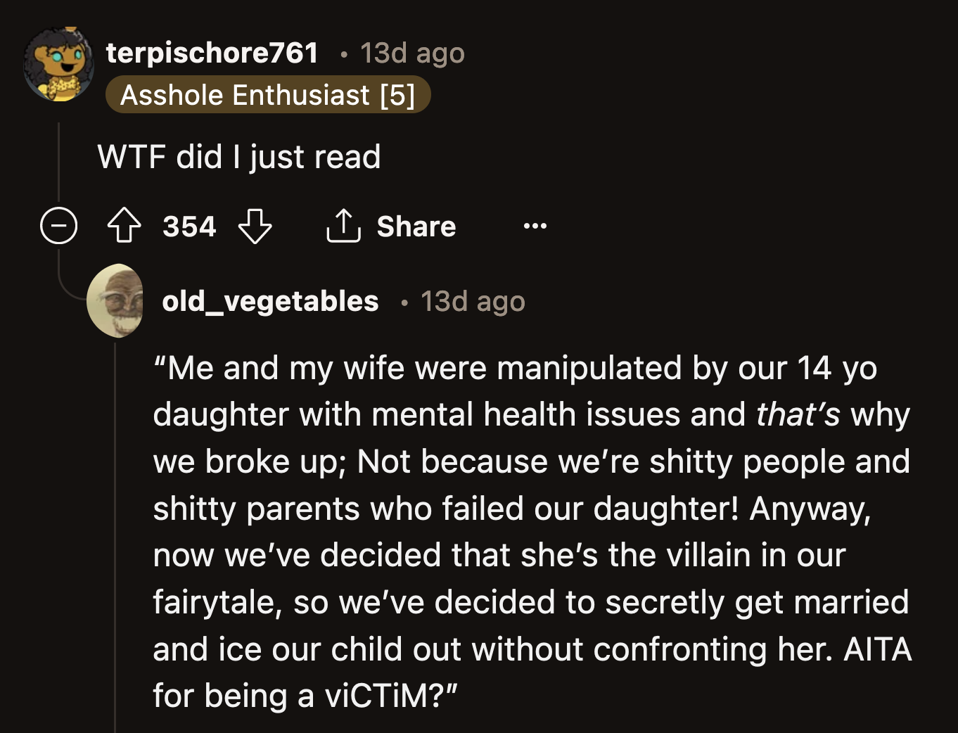 Too many Redditors write misleading titles to gain sympathy. They look foolish when the story reveals how wrong they are.