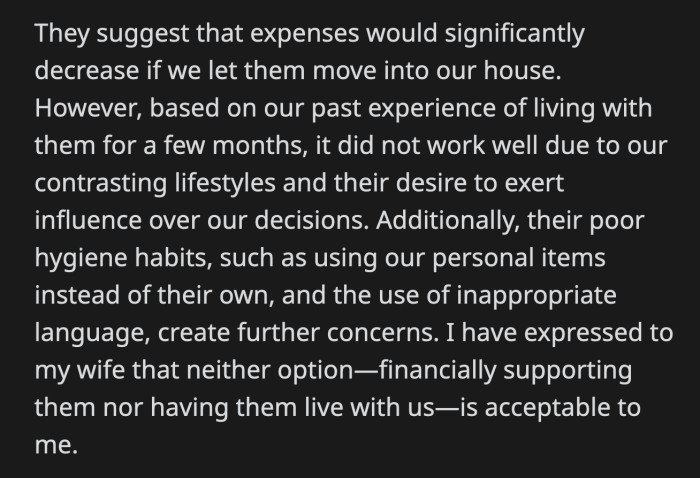 His wife asked if they should let her parents starve in their old age