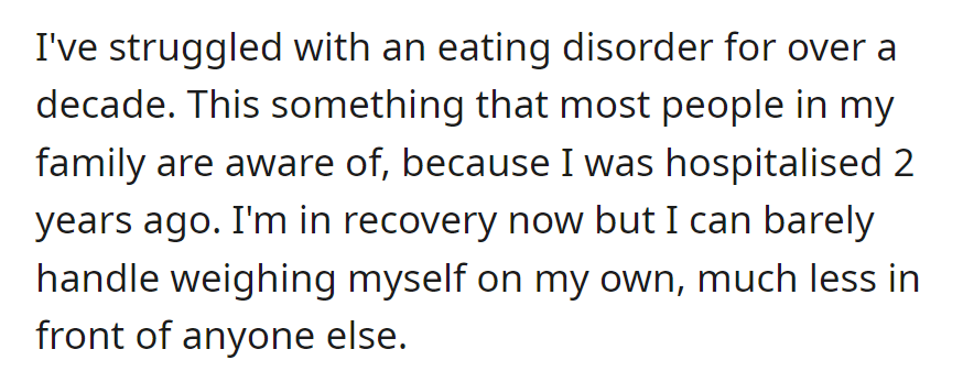 OP, a longtime eating disorder survivor who recently recovered, still finds it difficult to weigh herself privately, especially in front of others.