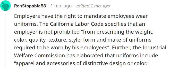 One Redditor wrote what the California Labor Code specifies