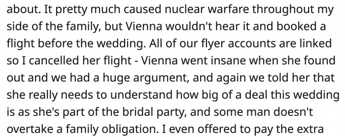 OP then canceled the flight that she booked before the wedding through their linked flyer accounts