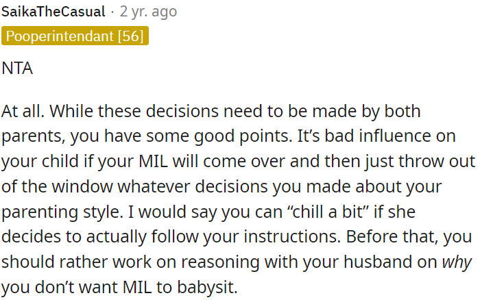OP's concerns about her MIL not respecting her parenting choices are valid.
