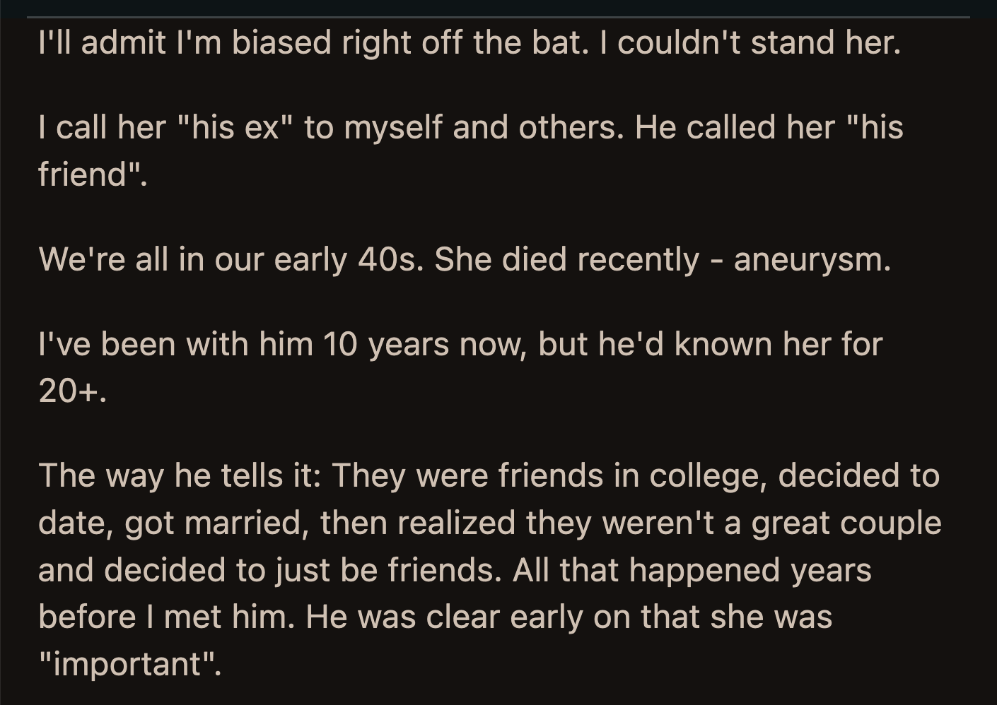 OP's husband was inconsolable, while OP was relieved. Her husband was planning the funeral with his ex-wife's husband when OP said, 