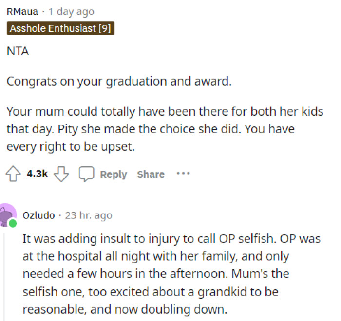 People ultimately told her that she's NTA in this situation and that her expectations weren't unreasonable. Her mom could have attended both events without issue.