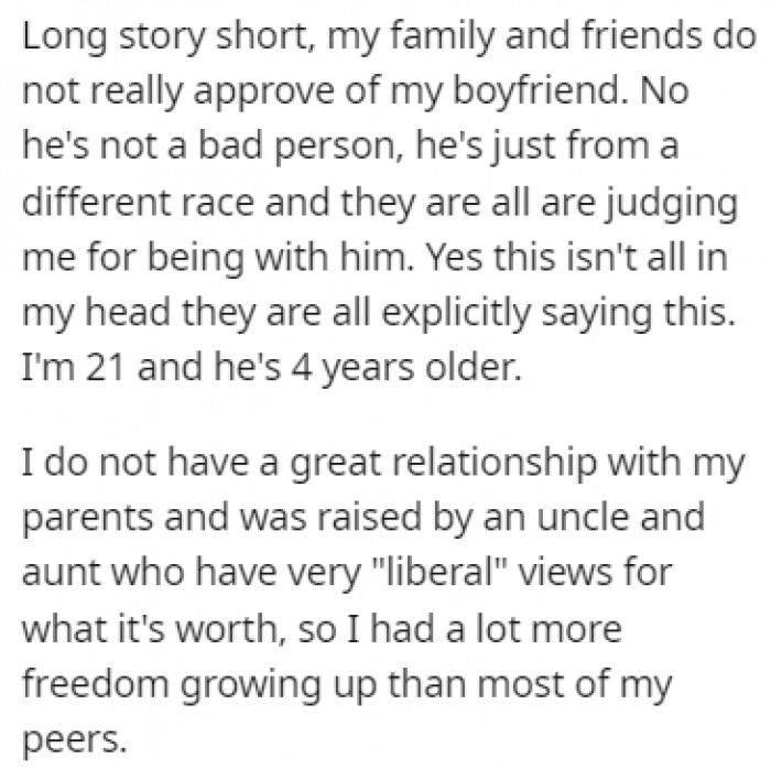 OP started off the story by explaining that her family doesn't approve of her boyfriend because he's from a different race