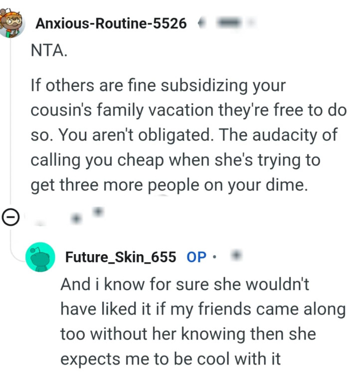 The audacity of calling the OP cheap when she's the one at fault