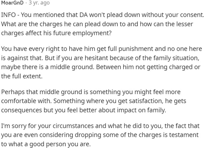 OP should consider compromising for a middle ground with charges to balance justice and family impact.