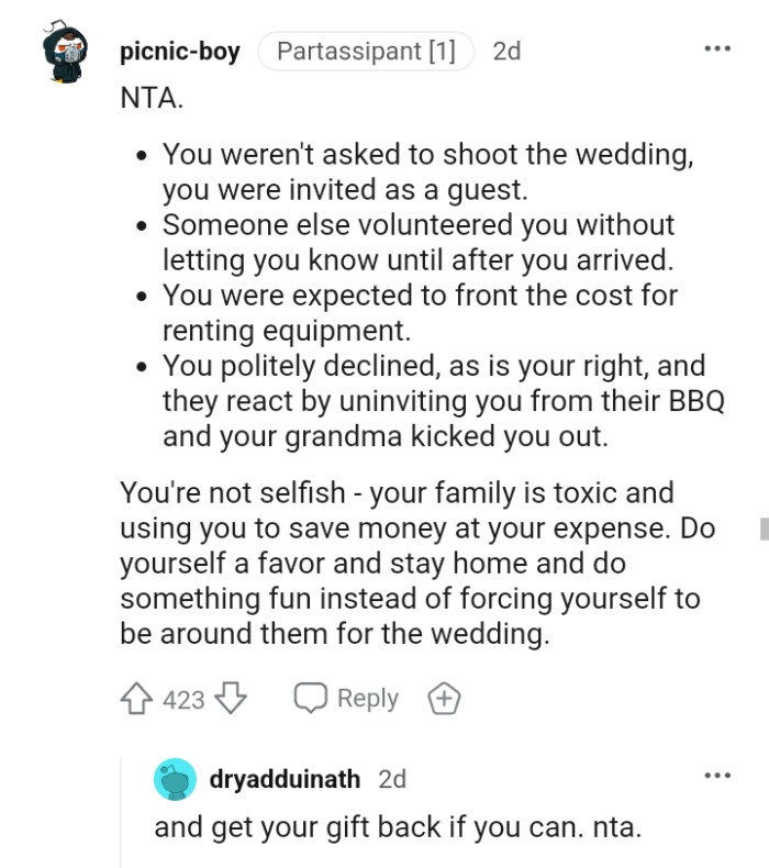 The OP was invited as a guest and not as a videographer