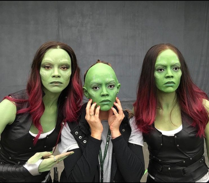 Her stunt double in Guardians of the Galaxy Vol. 2 was Lee-Ann Telford. See them trying on Gamora masks together.