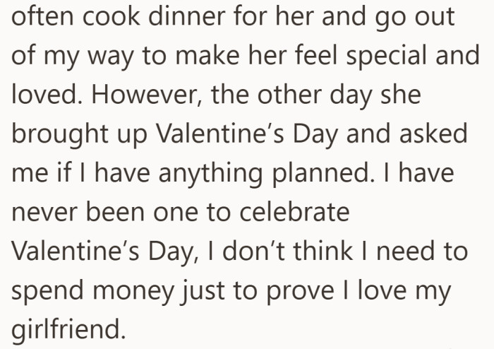 He frames love as something proven through routine actions, not through spending tied to a specific date.